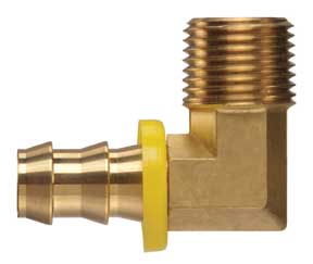 POFMPE-0606 by Kuriyama | Push-On Hose Fitting | 90° Elbow | 3/8" Hose Barb x 3/8" Male NPTF | Brass
