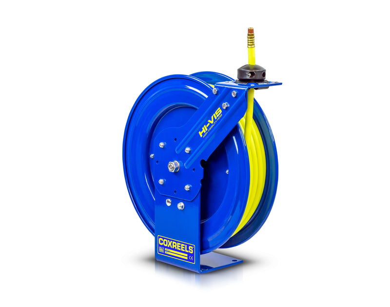 SH-N-350-HV by Coxreels | SH HI-VIS Series | 300 PSI Spring Driven Hose Reel | 3/8" Hose ID, 3/8" FNPT Inlet x 3/8" MNPT Hose End | Steel | 50ft PVC/Rubber Hybrid Hose Included