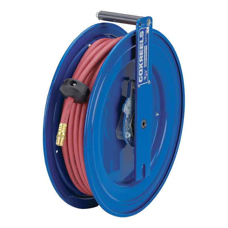 SL19-M450 by Coxreels | S Series | 2,500 PSI Left Side Mount Spring Driven Hose Reel for Air, Water & Oil | 1/2" Hose ID, 1/2" FNPT Inlet x 1/2" MNPT Hose End | Steel | 50ft Rubber Hose Included