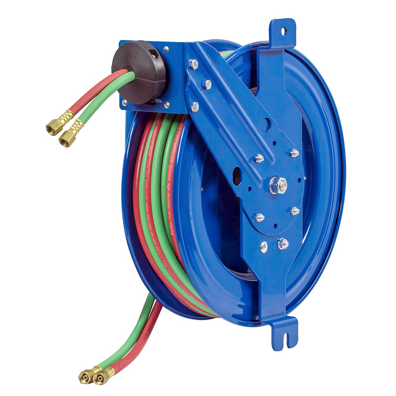 SG17W-150 by Coxreels | SGW Series | 200 PSI Side Mount Spring Driven Hose Reel with Guide Arm for Oxy-Acetylene Welding | 1/4" Hose ID, 1/4" FNPT Inlet x 1/4" MNPT Hose End | Steel | 50ft EPDM Hose Included