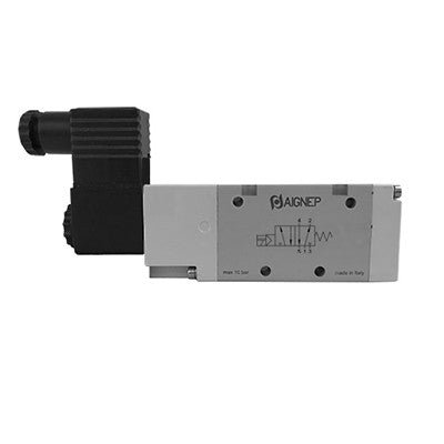 01VA0500020301 AIGNEP | 01V Control Valves Series | 5/2 Single Solenoid Ext Pilot Spring Return G-Thread 1/8" | 24V DC/2 W coil | Black Con