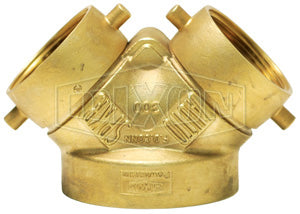 ISCS4025F Dixon Auto-Spkr Cast Brass Straight Single Clapper Siamese Connection - Back Outlet - 4" Female NPT Outlet x Two 2-1/2" Female NST(NH) Inlets (Global)