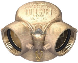 90ISCS4025F Dixon Auto-Spkr Cast Brass 90 deg. Single Clapper Siamese Connection - Bottom Outlet - 4" Female NPT Outlet x Two 2-1/2" Female NST(NH) Inlets (Global)