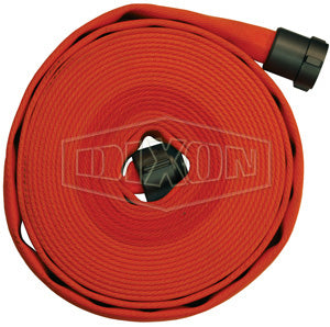 A515OR50RAF Dixon, 500# Single Jacket All-Polyester Fire Hose, Orange  Color Impregnated, Coupled, Fem. x Male NST(NH) Expansion Ring Couplings  (Aluminum), 1-1/2 Hose Size, 1-3/4 Bowl Size