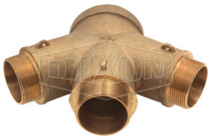 FR3C6025F Dixon Cast Brass Straight Three Way Male Outlet - Roof Connection - Back Outlet - 6" Female Pipe Inlet x Three 2-1/2" Male NST(NH) Outlets