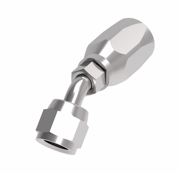 190297-10S Aeroquip by Danfoss | Female Universal Swivel 45° Elbow 100R5 Reusable Hose Fitting | -10 Female JIC Swivel (Also Couples w/ SAE 45° Flare) x -10 Reusable Hose End | Steel