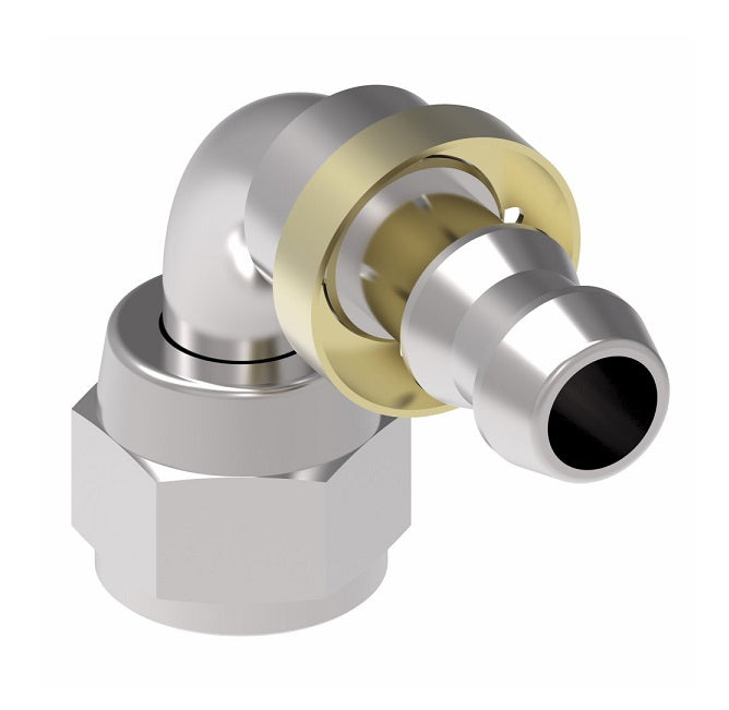 190328-6S Aeroquip by Danfoss | Female SAE 45° Swivel Short Drop 90° Elbow Socketless Reusable Hose Fitting | -08 Female SAE 45° Swivel x -08 Push-On Hose Barb | Steel