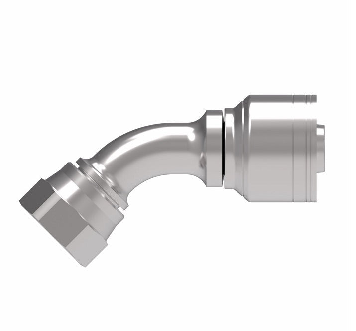 1AA16FJA16TZ Aeroquip by Danfoss | 1 & 2 Wire TTC Female JIC 37° Swivel 45° Elbow (FJA) Crimp Fitting | -16 Female JIC 37° Swivel x -16 Hose Barb | Zinc-Nickel Plated Steel
