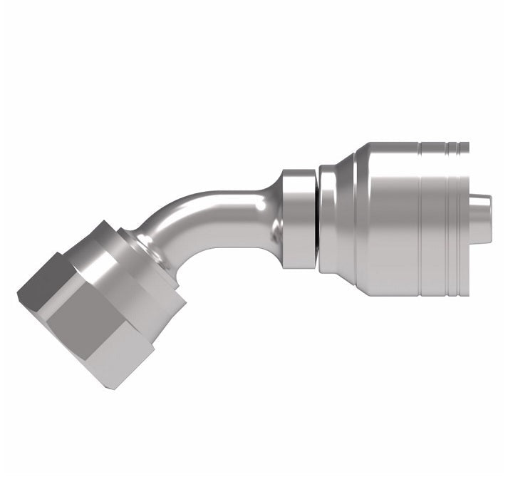 1AA8FJA6 Aeroquip by Danfoss | 1 & 2 Wire TTC Female JIC 37° Swivel 45° Elbow (FJA) Crimp Fitting | -08 Female JIC 37° Swivel x -06 Hose Barb | Steel