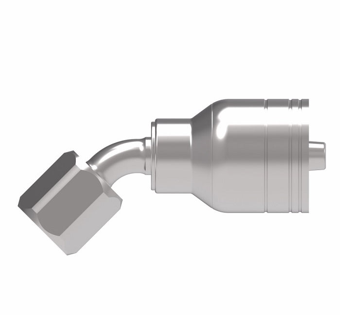 1AA6FJA4 Aeroquip by Danfoss | 1 & 2 Wire TTC Female JIC 37° Swivel 45° Elbow (FJA) Crimp Fitting | -06 Female JIC 37° Swivel x -04 Hose Barb | Steel