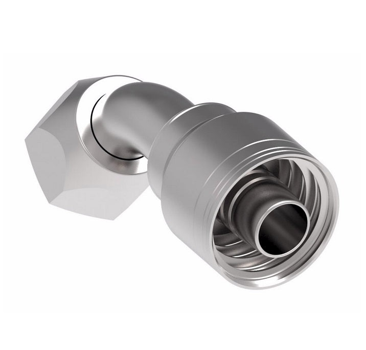 1AA12FJA12TZ Aeroquip by Danfoss | 1 & 2 Wire TTC Female JIC 37° Swivel 45° Elbow (FJA) Crimp Fitting | -12 Female JIC 37° Swivel x -12 Hose Barb | Zinc-Nickel Plated Steel
