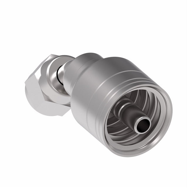 1AA4FJA6 Aeroquip by Danfoss | 1 & 2 Wire TTC Female JIC 37° Swivel 45° Elbow (FJA) Crimp Fitting | -04 Female JIC 37° Swivel x -06 Hose Barb | Steel