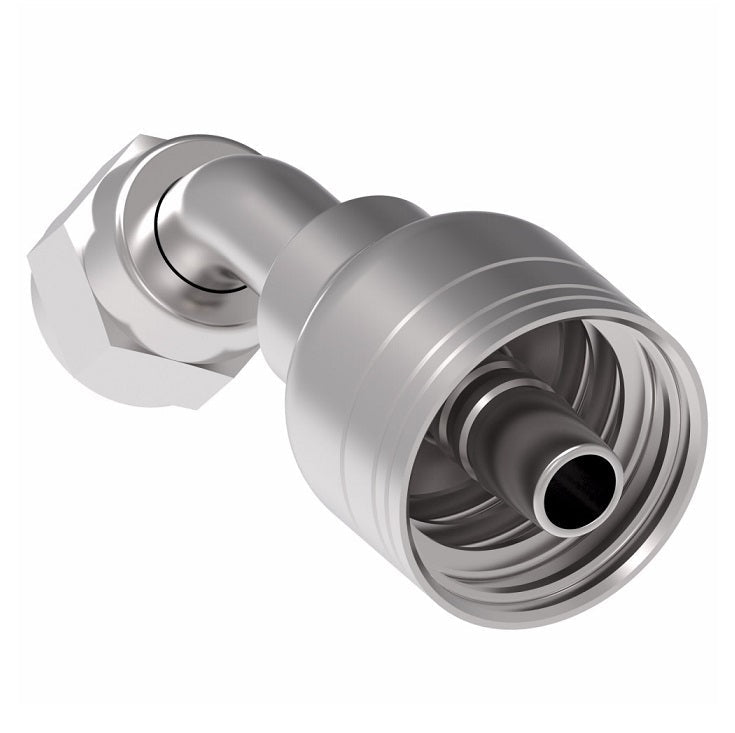 1AA6FJA6 Aeroquip by Danfoss | 1 & 2 Wire TTC Female JIC 37° Swivel 45° Elbow (FJA) Crimp Fitting | -06 Female JIC 37° Swivel x -06 Hose Barb | Steel
