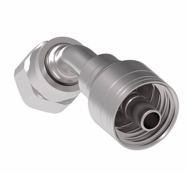 1AA8FJA6 Aeroquip by Danfoss | 1 & 2 Wire TTC Female JIC 37° Swivel 45° Elbow (FJA) Crimp Fitting | -08 Female JIC 37° Swivel x -06 Hose Barb | Steel