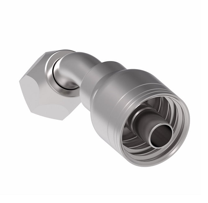 1AA8FJA8TZ Aeroquip by Danfoss | 1 & 2 Wire TTC Female JIC 37° Swivel 45° Elbow (FJA) Crimp Fitting | -08 Female JIC 37° Swivel x -08 Hose Barb | Zinc-Nickel Plated Steel