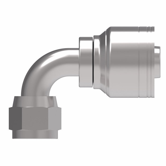 1AA4FJB6 Aeroquip by Danfoss | 1 & 2 Wire TTC Female JIC 37° Swivel 90° Elbow (FJB) Crimp Fitting | -04 Female JIC 37° Swivel x -06 Hose Barb | Steel