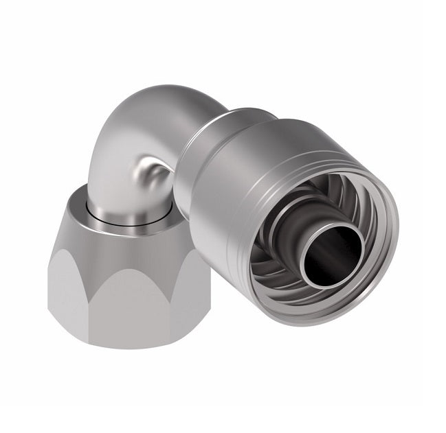 1AA4FJB4TZ Aeroquip by Danfoss | 1 & 2 Wire TTC Female JIC 37° Swivel 90° Elbow (FJB) Crimp Fitting | -04 Female JIC 37° Swivel x -04 Hose Barb | Zinc-Nickel Plated Steel