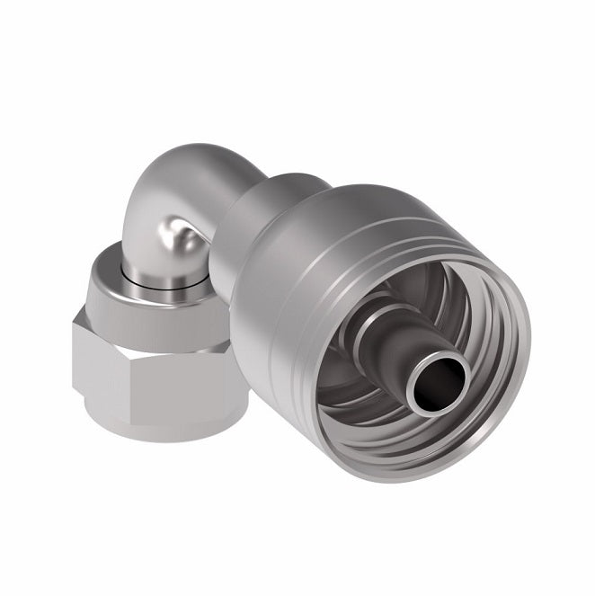 1AA6FJB6 Aeroquip by Danfoss | 1 & 2 Wire TTC Female JIC 37° Swivel 90° Elbow (FJB) Crimp Fitting | -06 Female JIC 37° Swivel x -06 Hose Barb | Steel