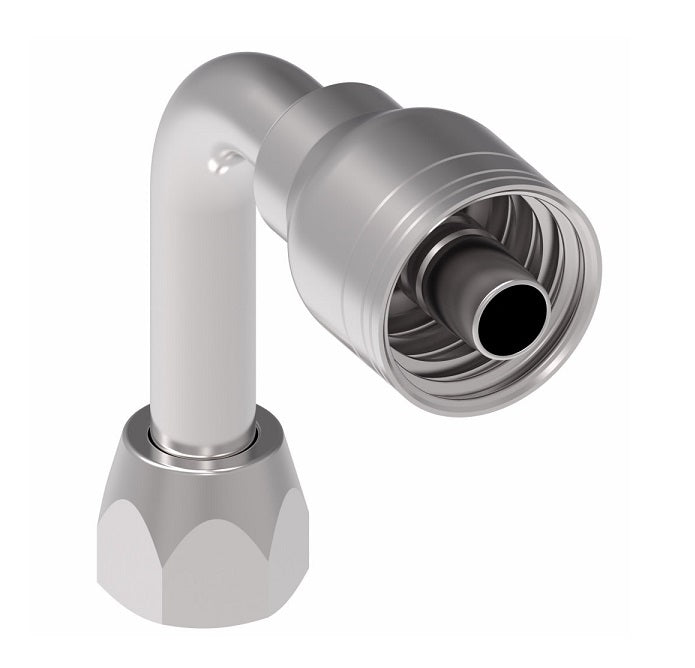 1AA8FJC8 Aeroquip by Danfoss | 1 & 2 Wire TTC Female JIC 37° Swivel 90° Long Drop Elbow (FJC) Crimp Fitting | -08 Female JIC 37° Swivel x -08 Hose Barb | Steel