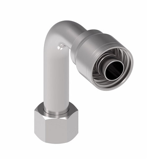 1AA16FJC16TZ Aeroquip by Danfoss | 1 & 2 Wire TTC Female JIC 37° Swivel 90° Long Drop Elbow (FJC) Crimp Fitting | -16 Female JIC 37° Swivel x -16 Hose Barb | Zinc-Nickel Plated Steel