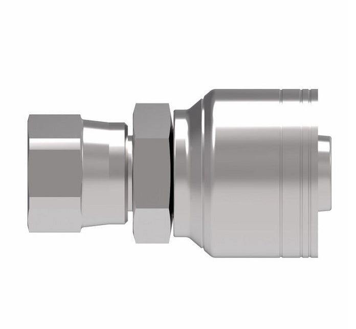 1AA6FJ4TZ Aeroquip by Danfoss | 1 & 2 Wire TTC Female JIC 37° Swivel (FJ) Crimp Fitting | -06 Female JIC 37° Swivel x -04 Hose Barb | Zinc-Nickel Plated Steel