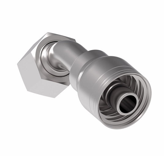 1AA6FRA6 Aeroquip by Danfoss | 1 & 2 Wire TTC Female ORS Swivel 45° Elbow (FRA) Crimp Fitting | -06 Female O-Ring Face Seal Swivel  x -06 Hose Barb | Steel