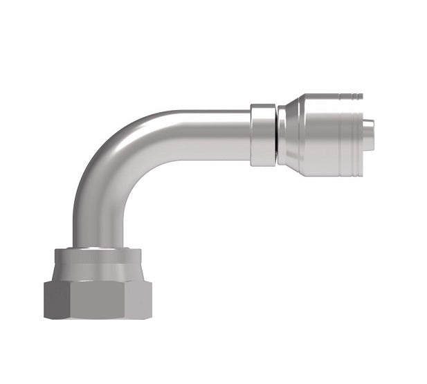 1AA12FRB8.054 Aeroquip by Danfoss | 1 & 2 Wire TTC Female ORS Swivel 90° Short Drop Elbow (FRB) Crimp Fitting | -12 Female O-Ring Face Seal Swivel x -08 Hose Barb | Steel