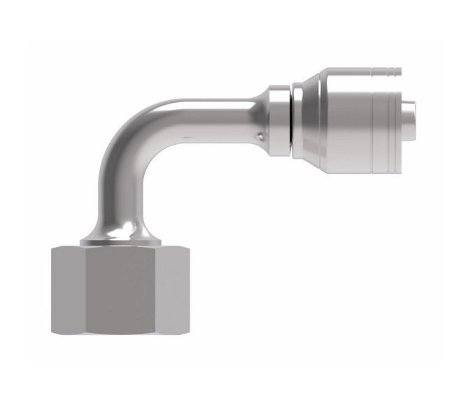1AA12FRB8 Aeroquip by Danfoss | 1 & 2 Wire TTC Female ORS Swivel 90° Short Drop Elbow (FRB) Crimp Fitting | -12 Female O-Ring Face Seal Swivel x -08 Hose Barb | Steel