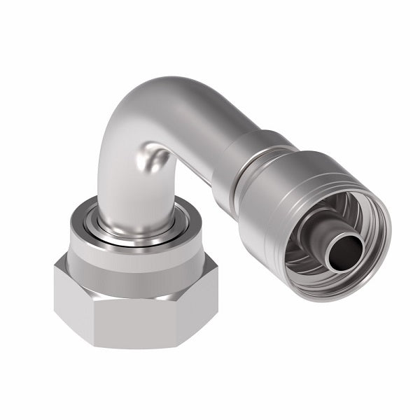 1AA12FRB8.054 Aeroquip by Danfoss | 1 & 2 Wire TTC Female ORS Swivel 90° Short Drop Elbow (FRB) Crimp Fitting | -12 Female O-Ring Face Seal Swivel x -08 Hose Barb | Steel