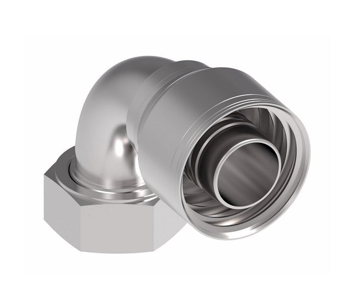 1AA24FRB24 Aeroquip by Danfoss | 1 & 2 Wire TTC Female ORS Swivel 90° Short Drop Elbow (FRB) Crimp Fitting | -24 Female O-Ring Face Seal Swivel x -24 Hose Barb | Steel