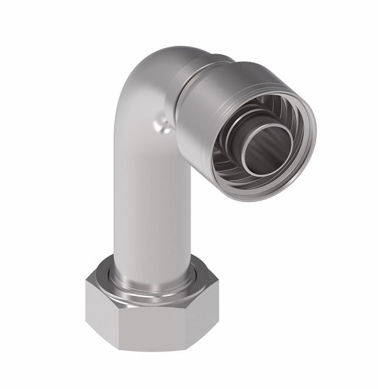 1AA24FRC24 Aeroquip by Danfoss | 1 & 2 Wire TTC Female ORS Swivel 90° Long Drop Elbow (FRC) Crimp Fitting | -24 Female O-Ring Face Seal Swivel x -24 Hose Barb | Steel