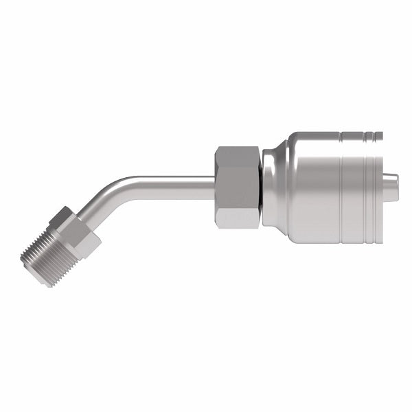 1AA3MFA4 Aeroquip by Danfoss | 1 & 2 Wire TTC Male SAE Inverted Flare Swivel 45° Elbow (MFA) Crimp Fitting | -03 Male SAE Inverted Flare Swivel x -04 Hose Barb | Steel