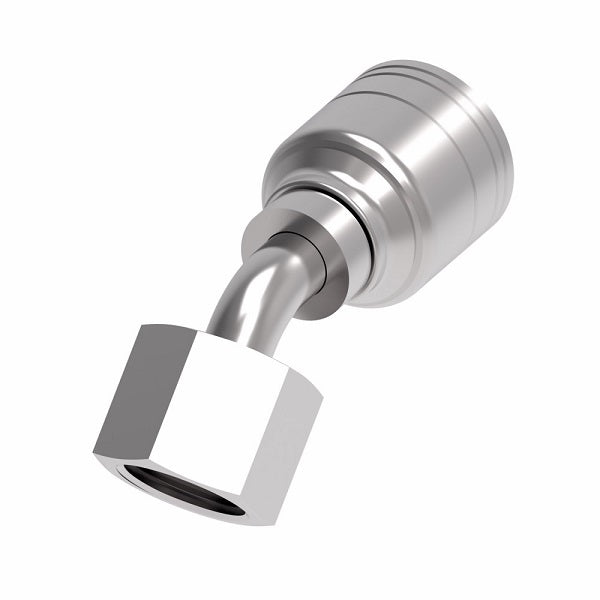 1A8DSA6 Aeroquip by Danfoss | 1 & 2 Wire TTC DKO Female Swivel, Heavy Duty, 45° Elbow (DSA) Crimp Fitting | S12 Female DKO/DIN x -06 Hose Barb | Steel