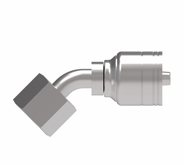 1A8DSA6 Aeroquip by Danfoss | 1 & 2 Wire TTC DKO Female Swivel, Heavy Duty, 45° Elbow (DSA) Crimp Fitting | S12 Female DKO/DIN x -06 Hose Barb | Steel