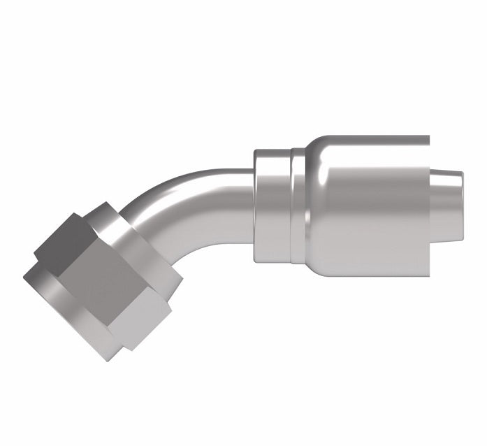 1GA10FJA8 Aeroquip by Danfoss | 1 & 2 Wire OTC Female JIC 37° Swivel 45° Elbow (FJA) Crimp Fitting | -10 Female JIC 37° Swivel x -08 Hose Barb | Steel