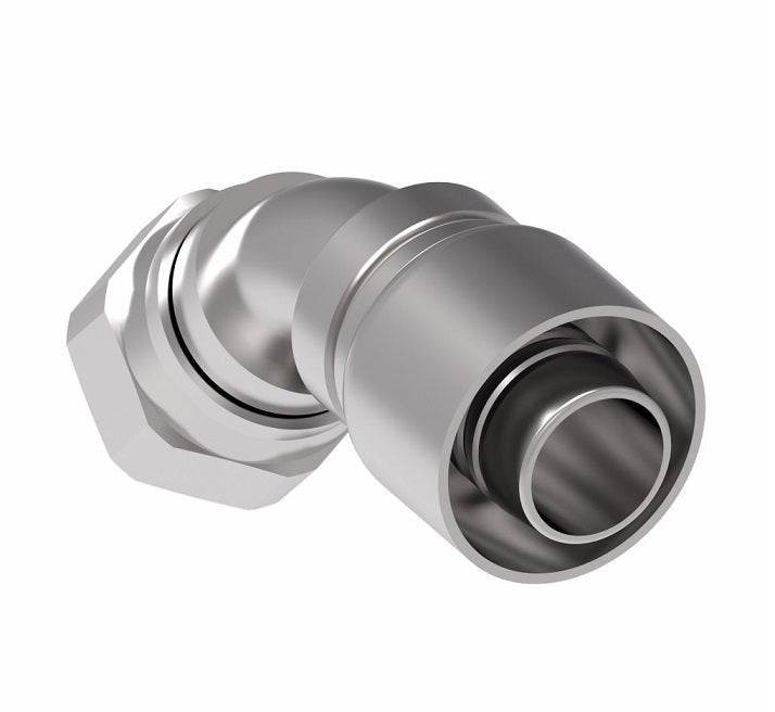 1GA20FJA20 Aeroquip by Danfoss | 1 & 2 Wire OTC Female JIC 37° Swivel 45° Elbow (FJA) Crimp Fitting | -20 Female JIC 37° Swivel x -20 Hose Barb | Steel