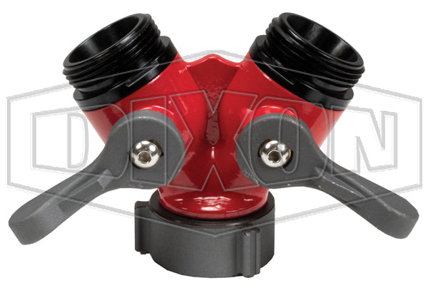 FMBV15F15F Dixon Aluminum 2-Way Ball Valve - 1-1/2" Female NST(NH) Swivel Inlet x Two 1-1/2" Male NST(NH) Outlets