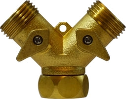 30627 (30-627) Midland Garden Hose Valve - Y Shape Connector with 2-Way Shut-Off - 3/4" Female GHT Swivel x 3/4" Male GHT x 3/4" Male GHT - Brass