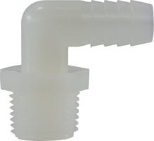 33038W (33-038W) Midland Plastic Pipe Fitting - 90° Male Elbow - 1/4" Hose Barb x 1/8" Male Pipe - White Nylon