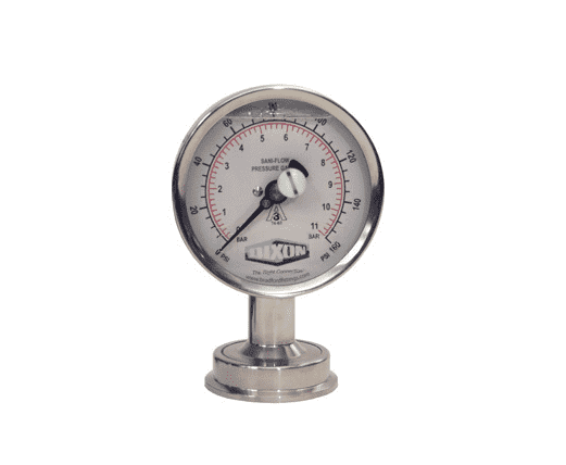 3S-E-2I-NFBTSS Dixon Stainless Steel Bottom Mount Sanitary Pressure Gauge (No Fill) - 3-1/2" Dial Size - 2" Male I-Line Clamp Size - 0-160 PSI Range