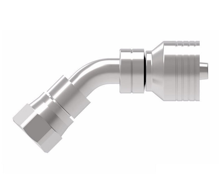 4SA8FJA6 Aeroquip by Danfoss | 4 Wire 4S Female JIC 37° Swivel 45° Elbow (FJA) Crimp Fitting | -08 Female Pipe JIC 37° Swivel x -06 Hose Barb | Steel