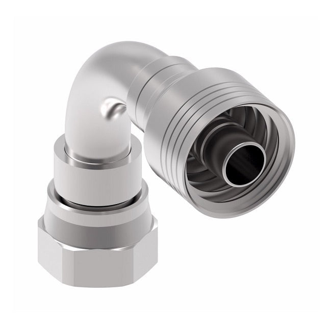 4SA12FJB10 Aeroquip by Danfoss | 4 Wire 4S Female JIC 37° Swivel 90° Elbow (FJB) Crimp Fitting | -12 Female JIC 37° Swivel x -10 Hose Barb | Steel