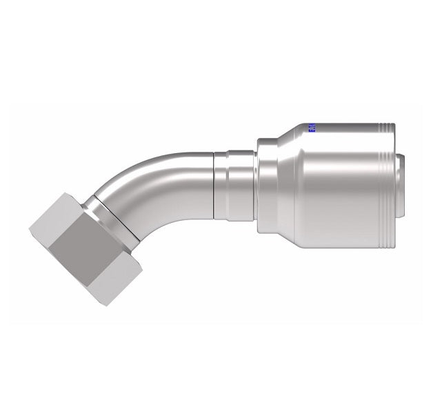 4SA20FRA20 Aeroquip by Danfoss | 4 Wire 4S Female ORS Swivel 45° Elbow (FRA) Crimp Fitting | -20 Female O-Ring Face Seal Swivel x -20 Hose Barb | Steel