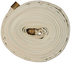 R515-50CBF Dixon 500# All Polyester Rack Hose (Non-UL Labeled) - Coiled - Coupled - Female x Male NST(NH) Combo Lug Expansion Ring Couplings (Brass) - 1-1/2" Hose Size - 50ft Length