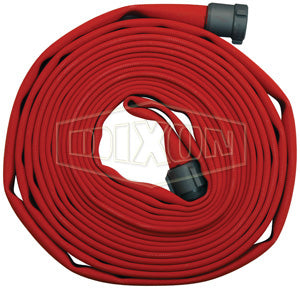 A515R50RAS Dixon 500# Single Jacket All-Polyester Fire Hose - Red Color Impregnated - Coupled - Fem. x Male NPSH Expansion Ring Couplings (Aluminum) - 1-1/2" Hose Size - 1-3/4" Bowl Size - 50ft Length
