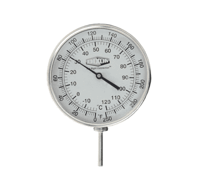 52025064 Dixon Bi-Metal Thermometer - Model 52 - Adjustable Angle 5" Face - 0-250 deg. F/-20-120 deg. C Range - 2-1/2" Stem Length