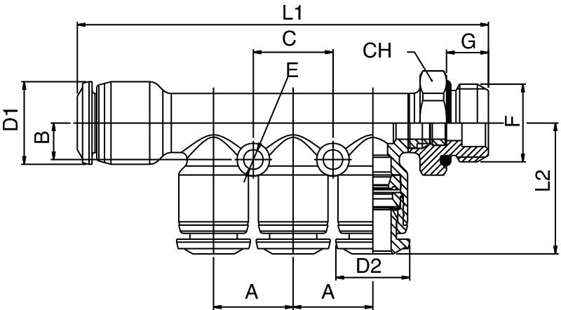 55365-8-4-1/4 by AIGNEP | 55/56 Series | Reducing Manifold | 8mm Tube x 4mm Tube x 1/4" Male BSPP | Pack of 10