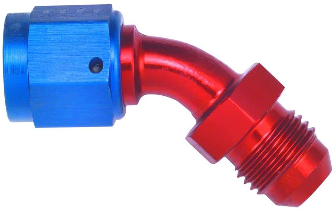 FBM3148 (FCM3148) Eaton Aeroquip® -06 Male AN x -06 Female Flare Swivel AN 45° Elbow Adapter - Red/Blue Anodized Aluminum