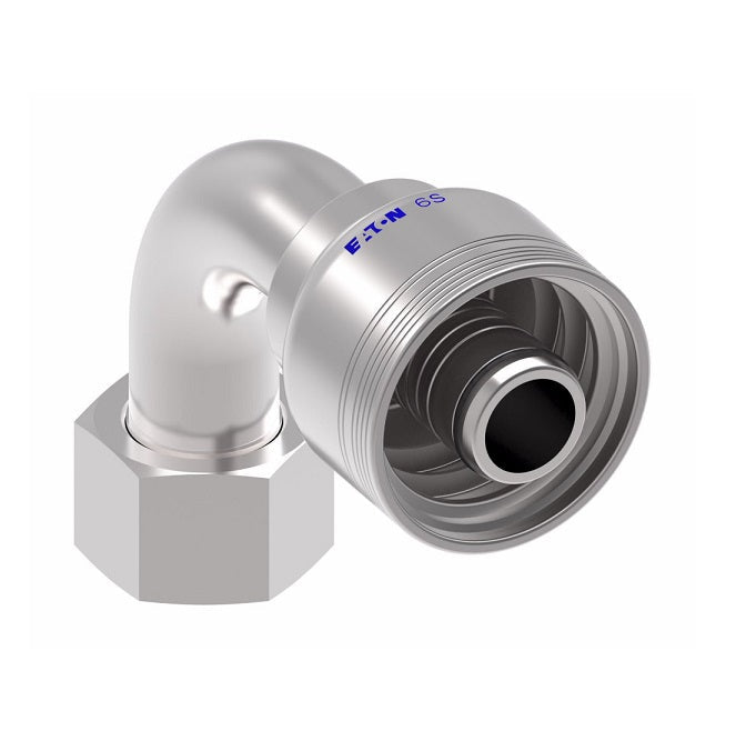 6SA20FRB16 Aeroquip by Danfoss | 6 Wire 6S Female ORS Swivel 90° Elbow (FRB) Crimp Fitting | -20 Female O-Ring Face Seal Swivel x -16 Hose Barb | Steel