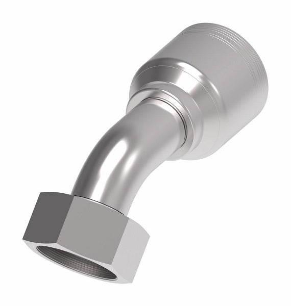 6S32DSA20 Aeroquip by Danfoss | 6 Wire 6S Female DIN 24° Seat Swivel DKO (Heavy) 45° Elbow (DSA) Crimp Fitting | S32 Female DKO/DIN 24° Seat x -20 Hose Barb | Steel